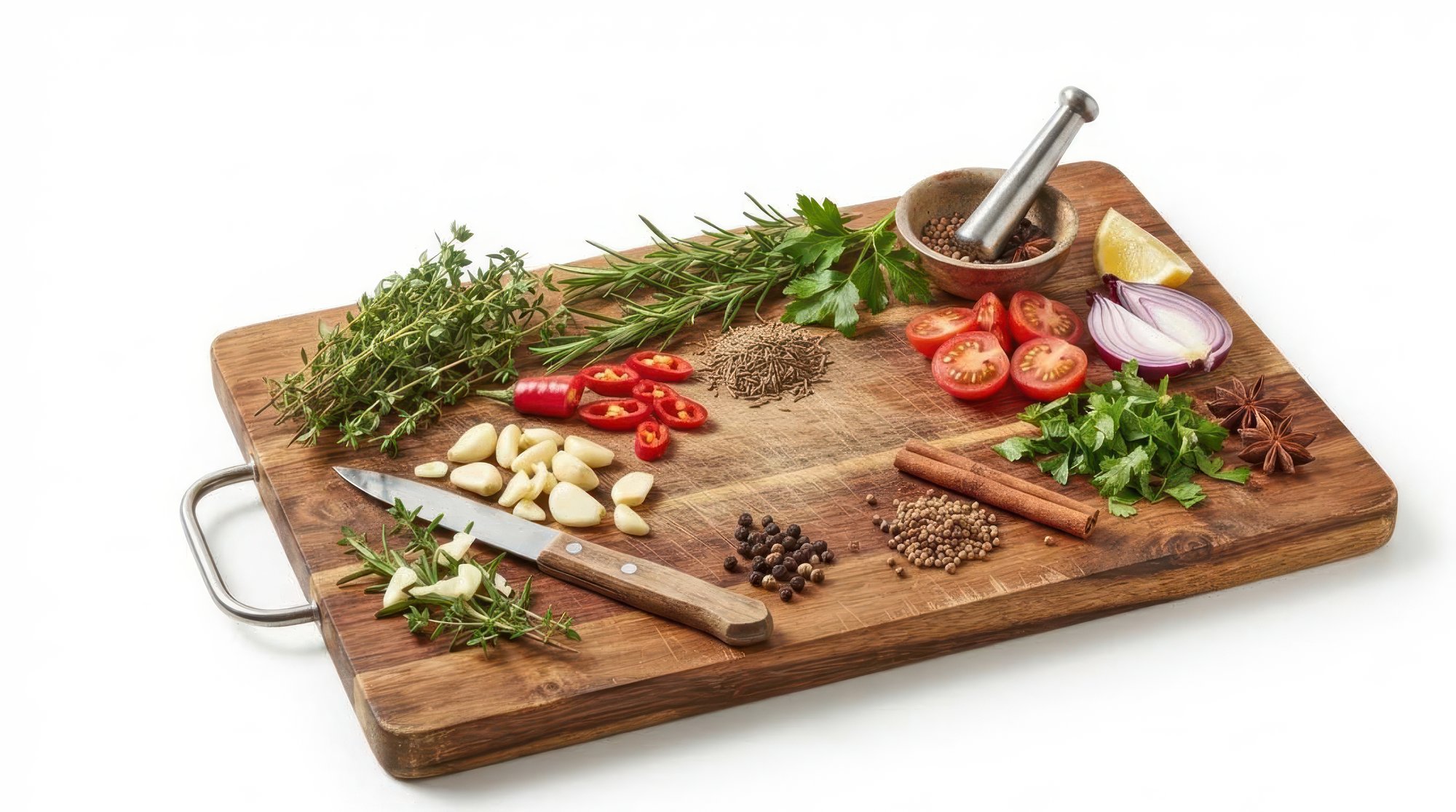 Taglieri con ingredienti freschi e spezie disposte